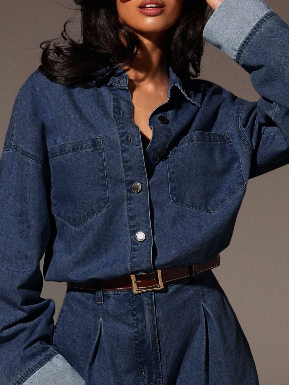Dark Wash Casual Women's Denim Pocket Long Sleeve Denim Jumpsuit - Picture 4 of 5